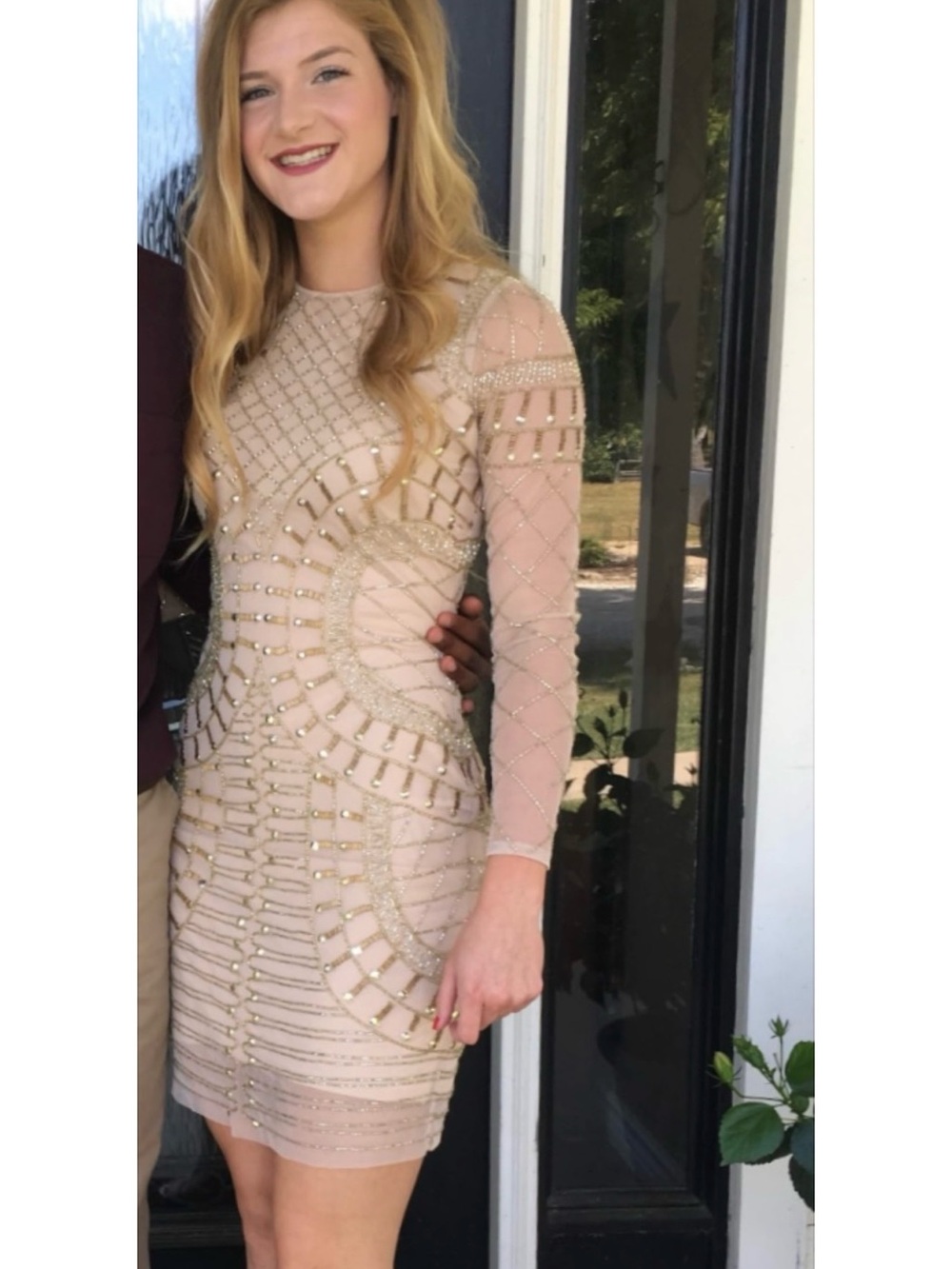 Gianni Bini Nude Beaded Long-Sleeve Cocktail Dress